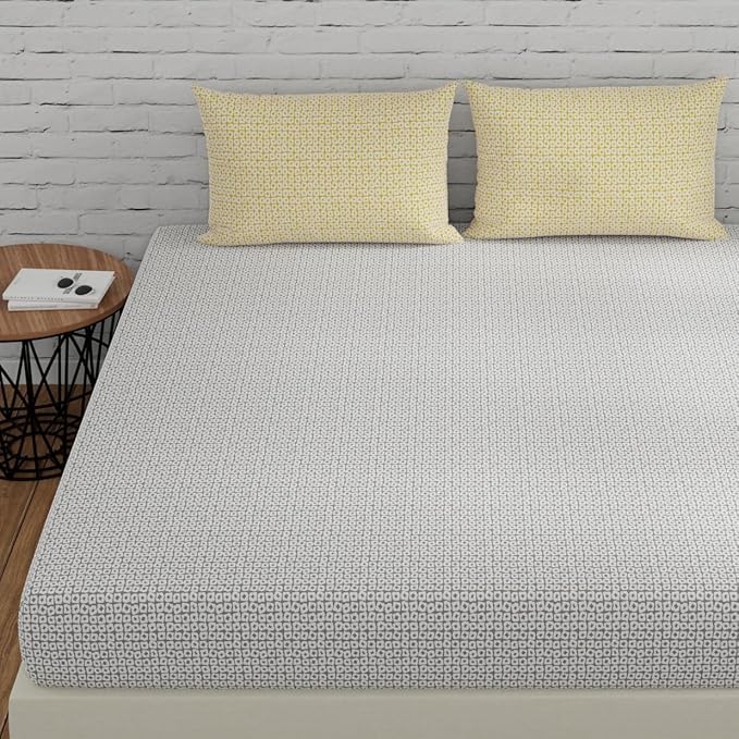 Huesland by Ahmedabad Cotton 144 TC Cotton Bedsheet for Double Bed King Size with 2 Pillow Covers | Grey & Yellow