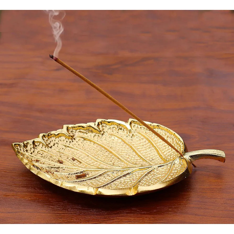 Pure Source India Leaf Design Aluminum Agarbatti Stand/Incense Holder Gold