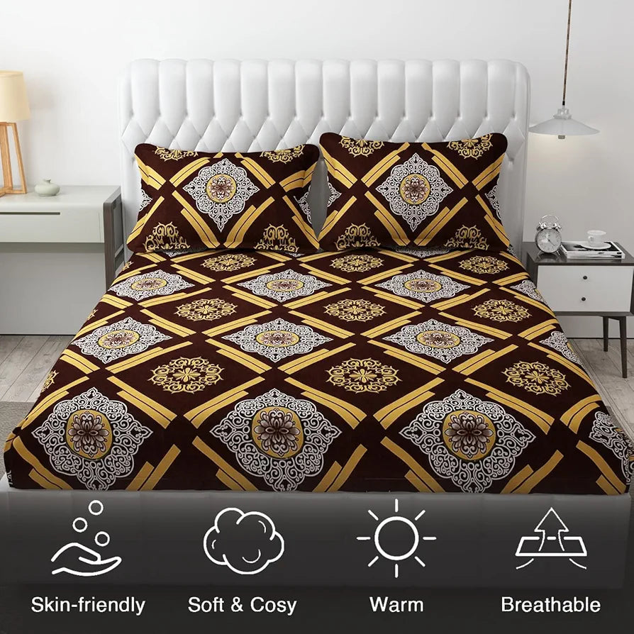 Fresh From Loom Wrinkle Free Hypo-Allergenic Microfiber King Bedsheet For Double Bed Floral Design Bed Spread With 2 Pillow Covers 144 TC Dark Brown