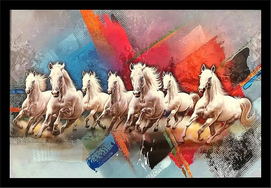 Lifehaxtore Wood Abstract Seven Lucky Running Vastu Horses Art Framed Painting