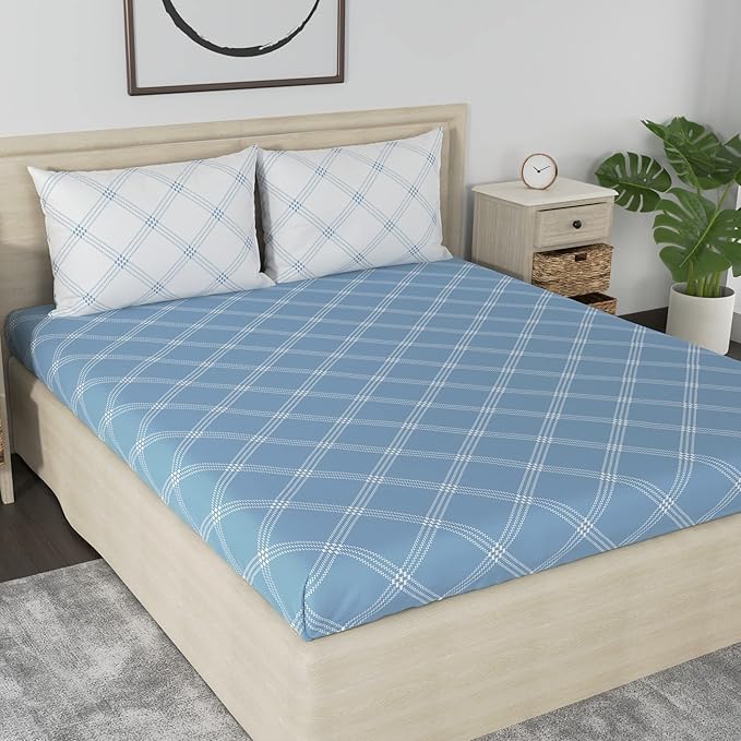 Huesland by Ahmedabad Cotton 186 TC Cotton Bedsheets for King Size Bed with 2 Pillow Covers | Blue & White