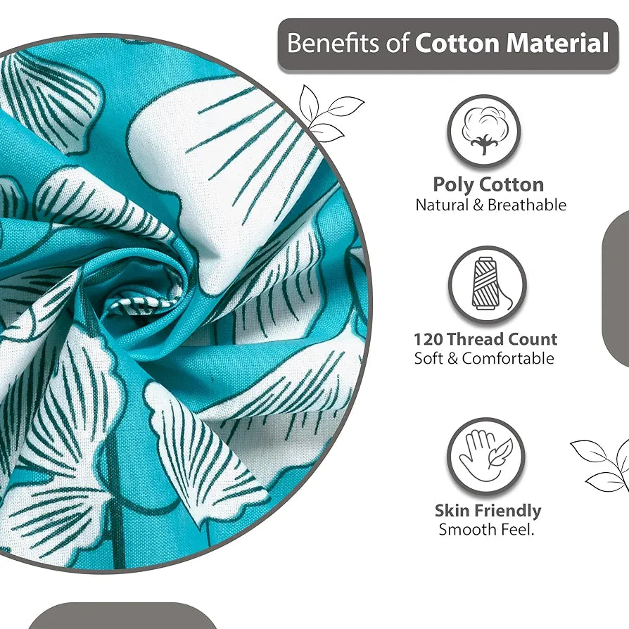 Divine Casa Bedsheet for Single Size Bed 144 TC Cotton Bedsheet for Single Size Bed with 1 Pillow Cover  Floral Colour Aqua & White