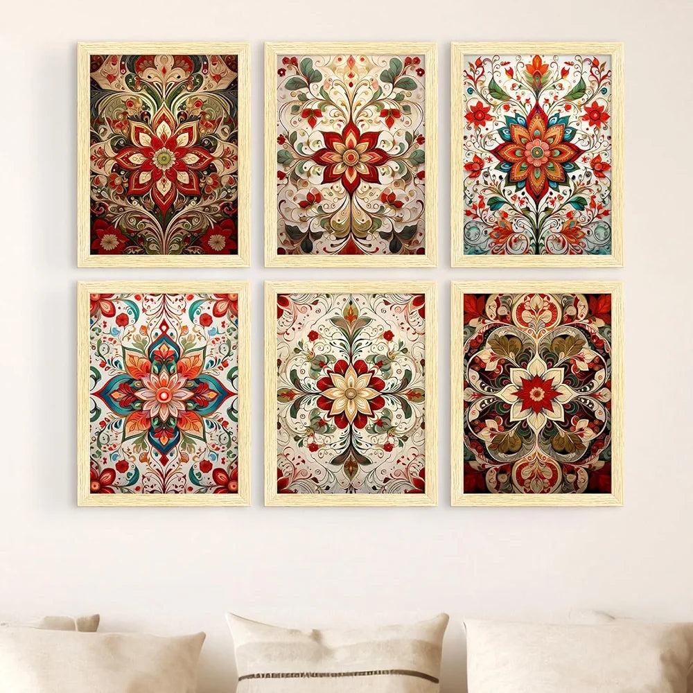 ArtX Paper Floral Patterns Botanical Art Paintings MadhuLeaves-SO6-01 With Frame Multicolor Set of 6