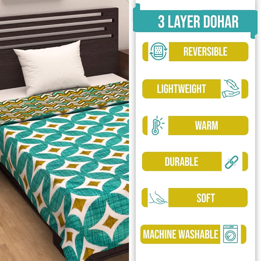 Divine Casa Cambric Cotton Single Bed Dohar 3 Layer dohar with Flannel Inside Reversible Both Sides Usable Blanket TC - 120Aqua Colour Green Angular Shape