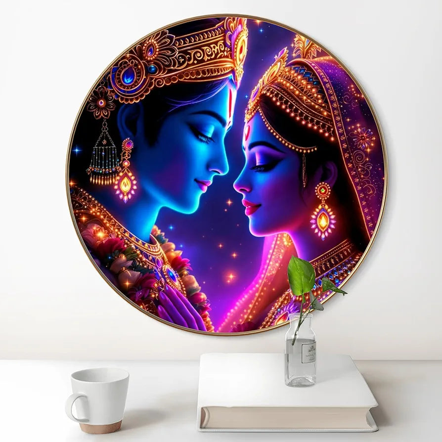 Livin'luxe Paintings Radha Krishna Divine Wall Painting with Frame - Sparkle Glossy Round Golden Framed Large