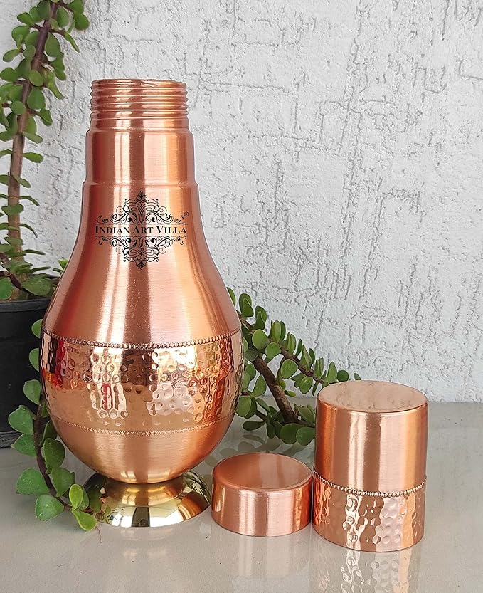 Indian Art Villa Pure Copper Bedroom Water Bottle With Inbuilt Glass Surahi Design With Brass Bottom