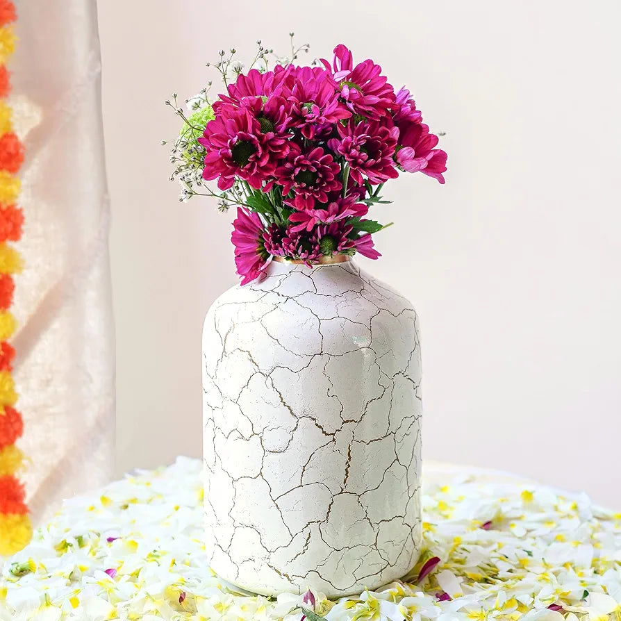 Behoma Metal Flower Vase Off-White Crackled Flowers not Included