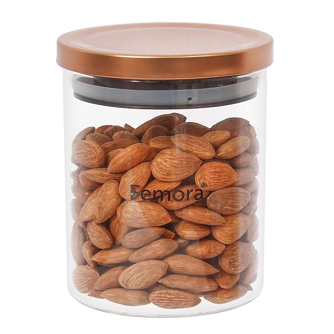 Femora Borosilicate Glass Jar With Golden Metallic Lid | Jars for Kitchen Storage | 600 Ml | Set of 6
