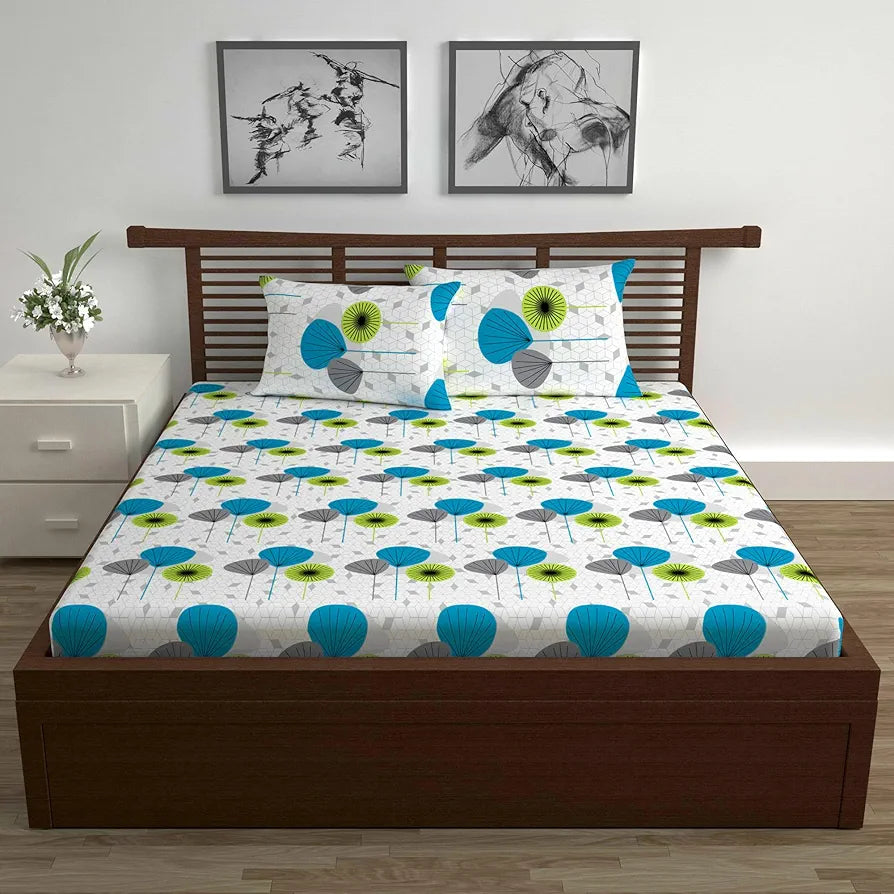 Divine Casa 144 TC 100% Cotton Bedsheet for Double Bed with 2 Pillow CoverColour Green & Blue