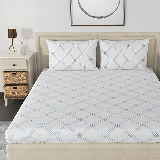 Huesland by Ahmedabad Cotton 186 TC Cotton Bedsheet for Double Bed King Size with 2 Pillow Covers | White (Blue Pattern)