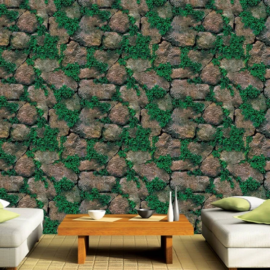 Jaamso Royals Green Grass With Stone Wall Papers for Home Brick Stone Wallpaper