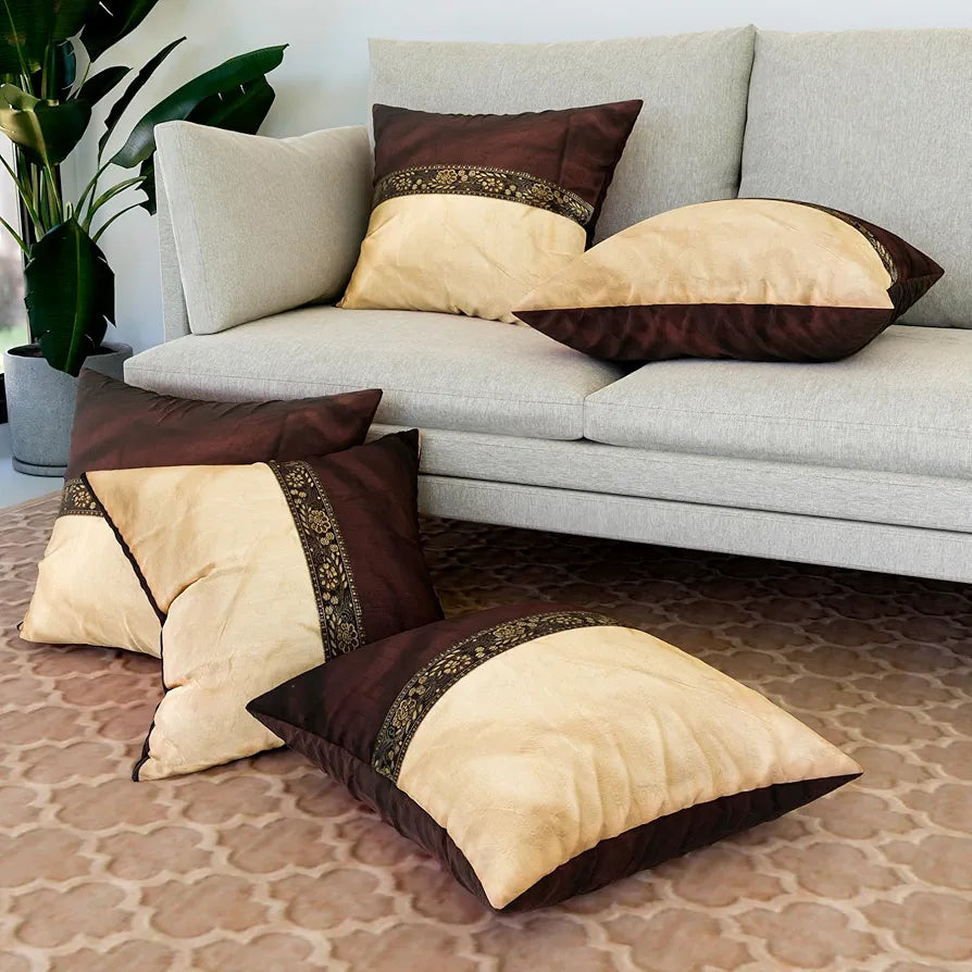 Kuber Industries Cushion Cover Pillow Covers Center Lace Cushion Covers Set of 5 Brown