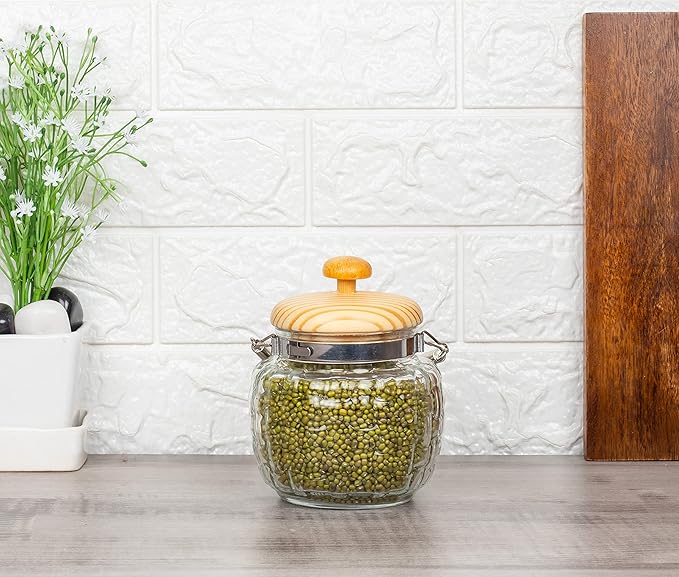 Femora Kitchen Storage Jars Embossed Glass Jar With Wooden Lid & Jute Chain Air Tight Jar | 500 Ml