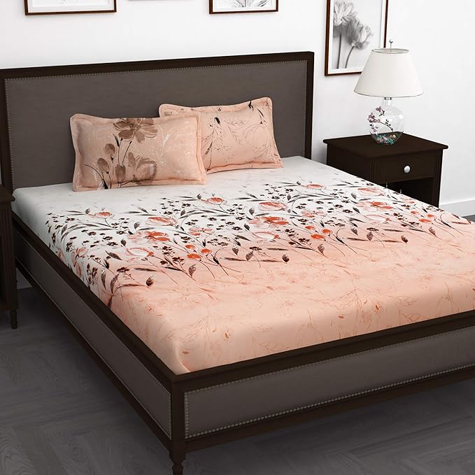 Story@Home Bedsheet Cotton Floral Pattern 1 Bedsheet King Size Bed 2 Pillow Covers White & Peach Colour