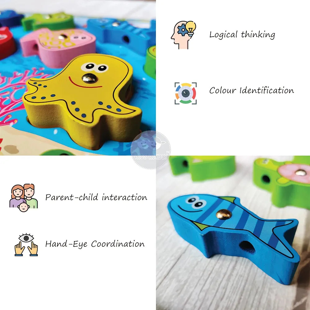 KIDS KINDLY Wooden Magnetic Fishing Game for Kids, Thread Lacing Activity, Promotes Fine Motor Skills, Improve Hand-Eye Coordination, Increases Attention, Fish Catching Game for Kids - 3 Years+