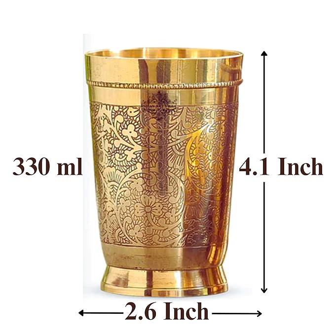 Indian Art Villa Pure Brass Glass Tumbler With Embossed Design For Drinking Serving Water