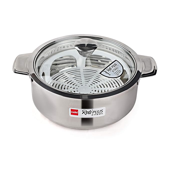 Cello Roti Plus Big Solid Stainless Steel Double Walled Casserole for Roti | 2500ml | Silver | Hot Box