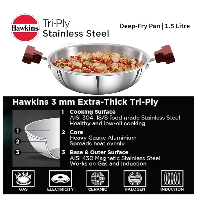 Hawkins 1.5 Litre Deep Fry Pan Triply Stainless Steel Kadai