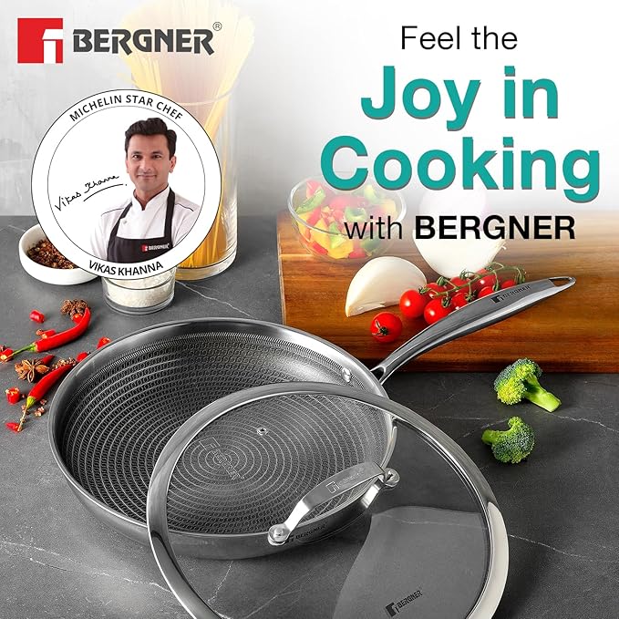 Bergner Hitech Triply Non-Stick 28 cm Frypan with Glass Lid