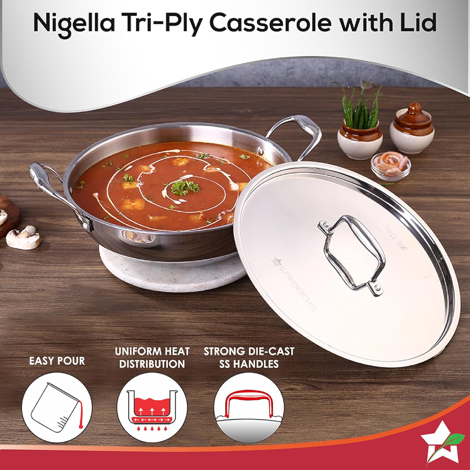 Wonderchef Nigella Tri-ply Stainless Steel 30 cm Kadhai with Lid