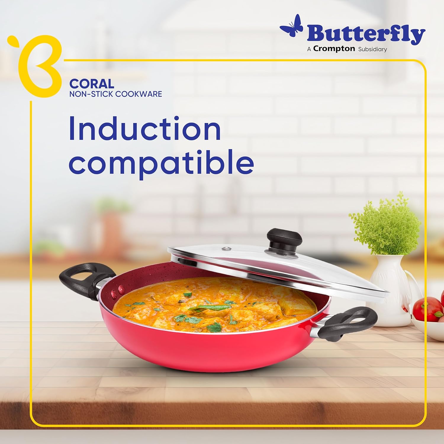 Butterfly Coral DLX Granite Non Stick Kadai with Glass Lid | Premium Virgin Aluminium | Induction Base