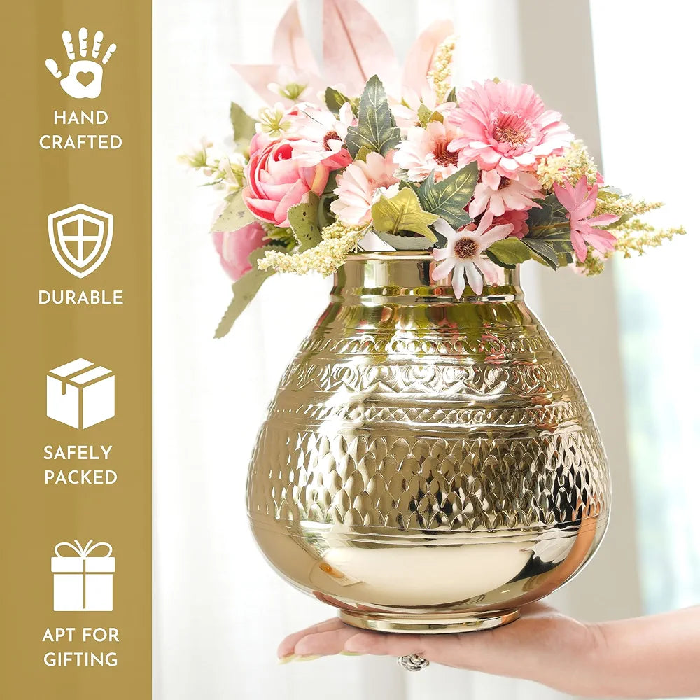 Behoma Matki Shape Metal Flower Vase Traditional Embossed Metal Flower Pot Golden Flowers not Included
