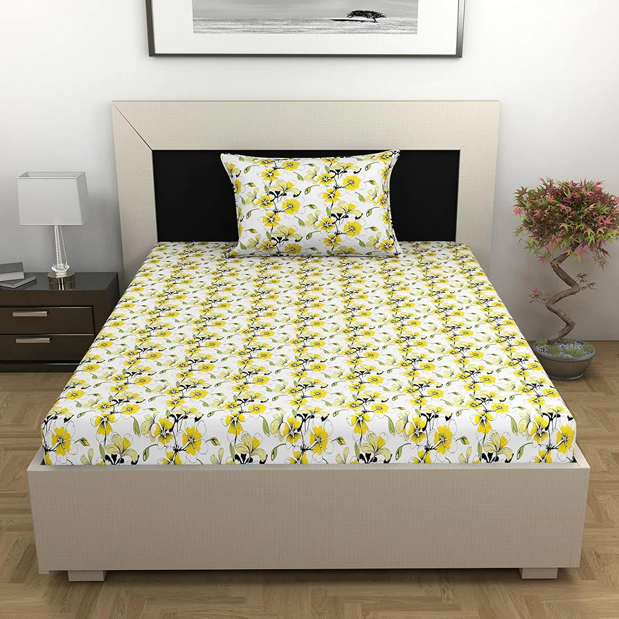 Divine Casa Bedsheet for Single Size Bed 144 TC Cotton Bedsheet for Single Size Bed with 1 Pillow Cover  Floral Colour Golden Daffodil