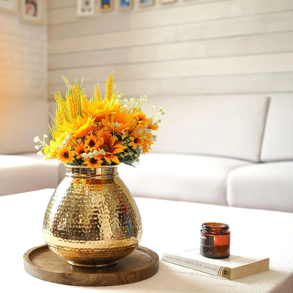 Behoma Matki Shape Metal Flower Vase Hammered Metal Flower Pot Golden Flowers not Included