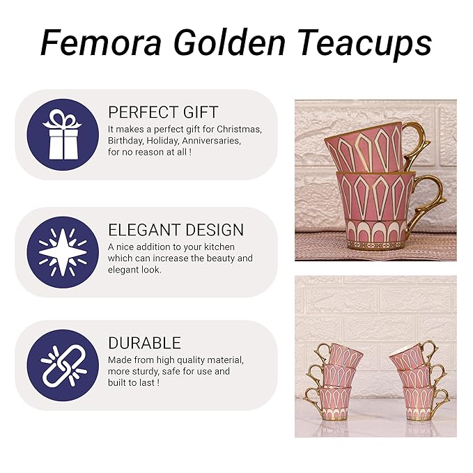 Femora Dropped U Scale Pattern Pattern Golden Tea Mugs, Ceramic Tea Cups, Coffee Mugs | 160 Ml | Pink | 6 Pcs Set | Not Microwave Safe