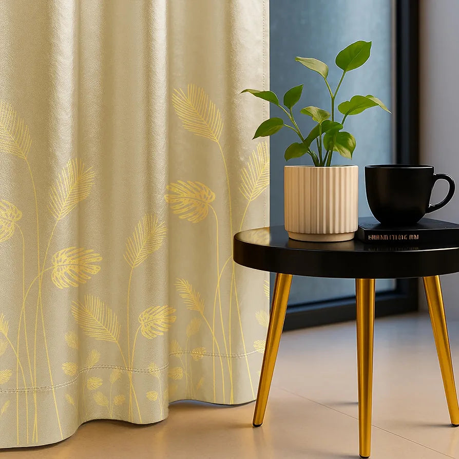 Urban Space Blackout Curtains for Living Room, Gold Foil Printed Luxurious Blackout Decorative Window Curtain Eyelet with Tieback, 1 Piece Aurika Beige Colour
