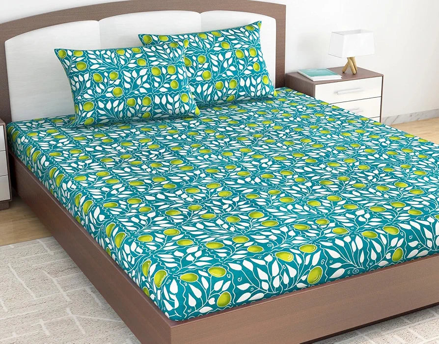 Divine Casa 100% Cotton 144 TC King Size Bedsheet with 2 Pillow Covers Colour Teal & Yellow