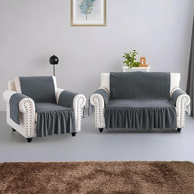 Kuber Industries Soft Velvet Quilted Single Seater Sofa Cover with Pocket Arms Frill Grey