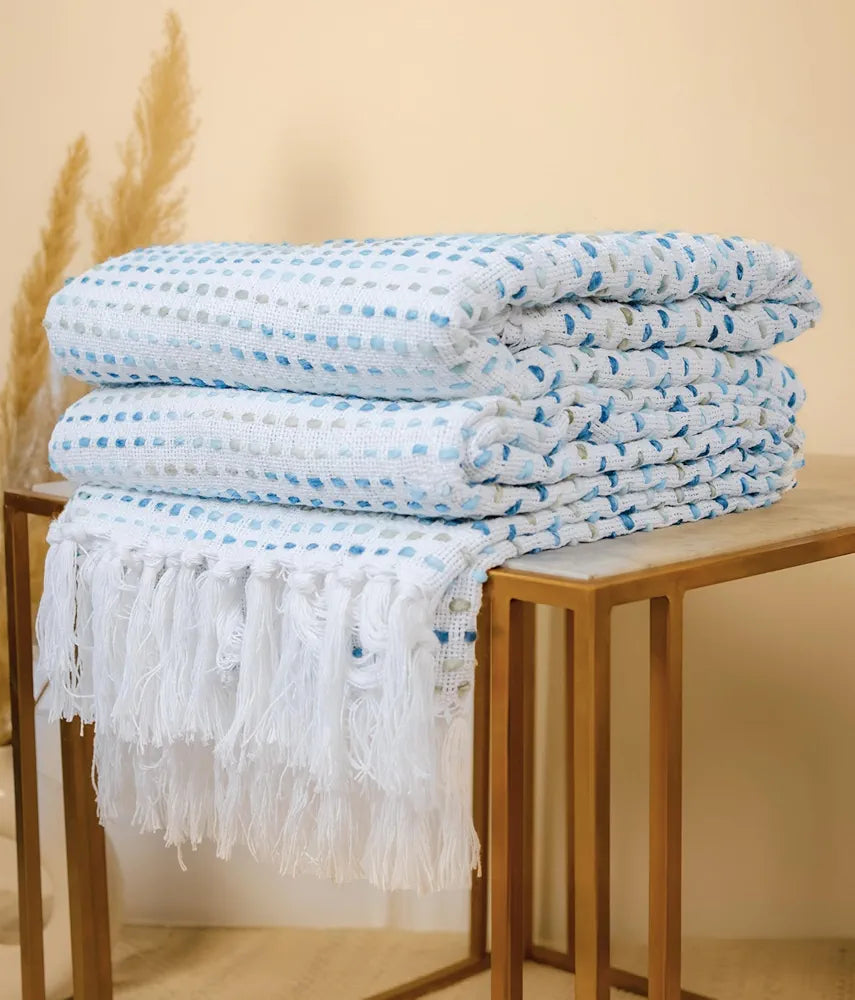 Sajavat Home Hand Knitted Pure Cotton 3 Seater Sofa Throw Colour Multi Blue