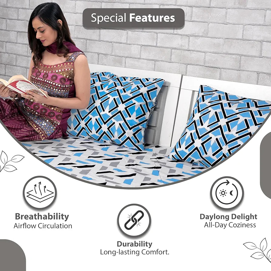 Divine Casa 144 TC Cotton Bedsheet for Single Bed with 1 Pillow Cover Colour Grey & Blue