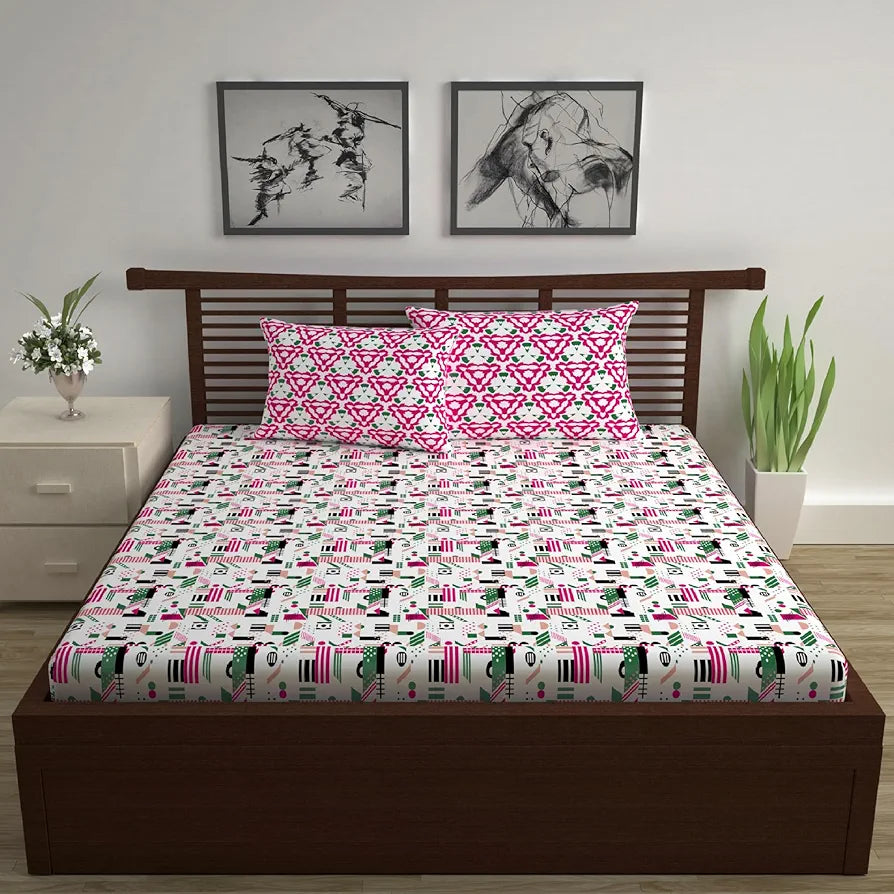 Divine Casa 144 TC Super Soft Cotton Bedsheet for Double Bed  144 Thread Count Abstract Colour Pink & White