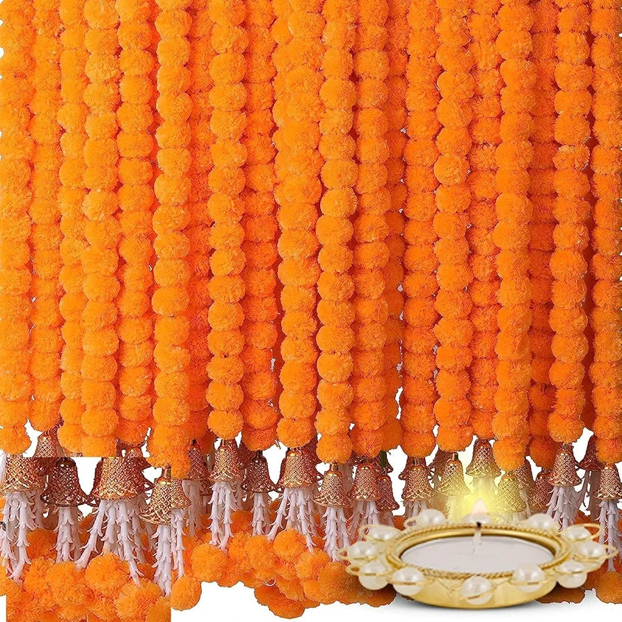 Artificial Orange Flowers For Decoration Garland With Bell 5 Feet Long 5 Pcs With 1 Diya 5 Centimeters Orange-bell