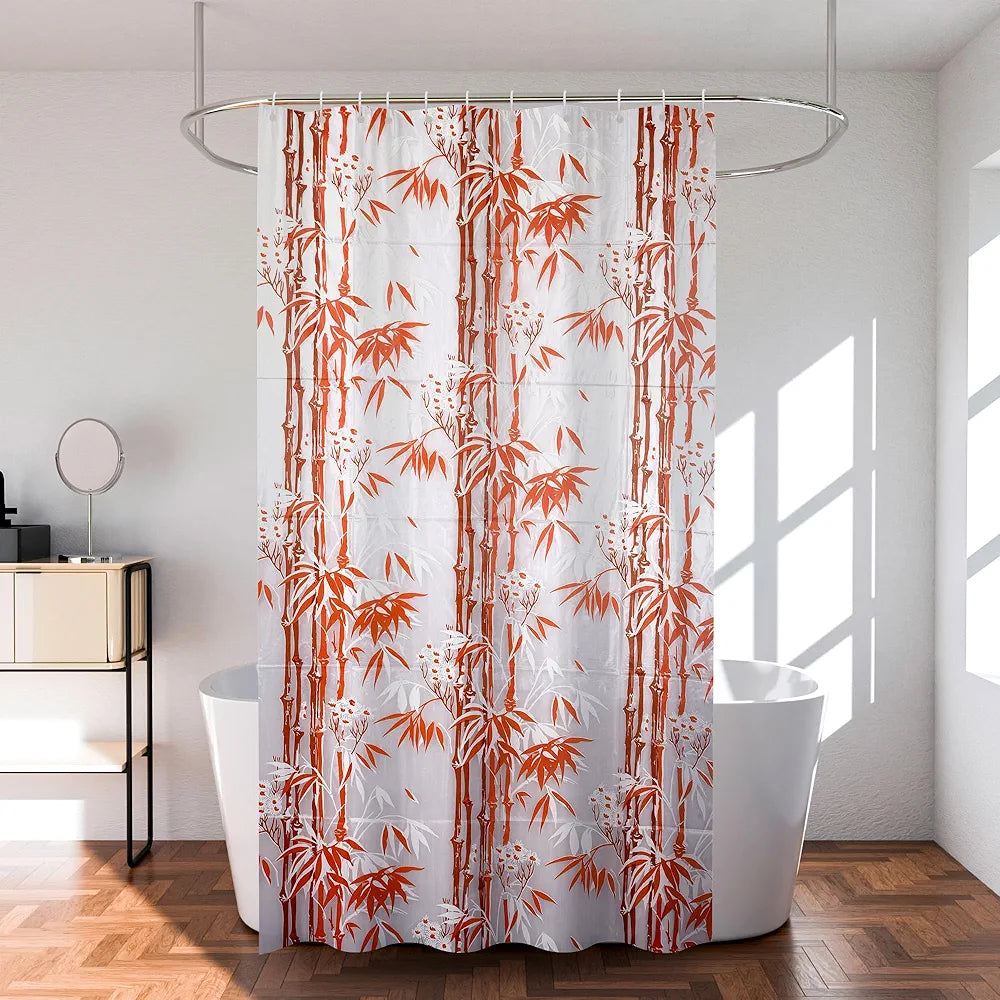 Kuber Industries Shower Curtain Bathroom Shower Curtain 8 Rings Curtain Bamboo Print Orange