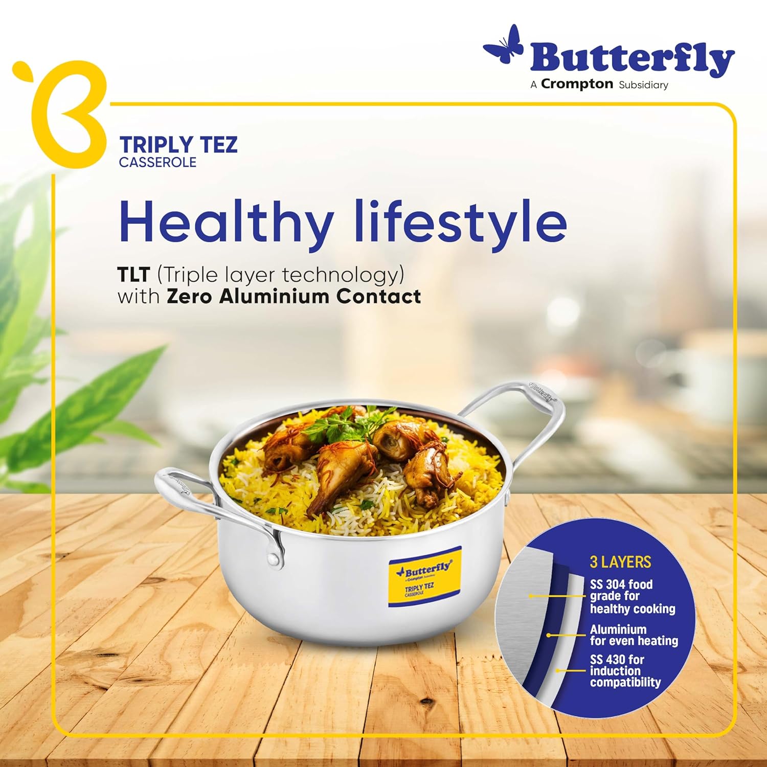 Butterfly Tez Triply Casserole | 3 Litres| Stay Cool Handle | Induction Compatible