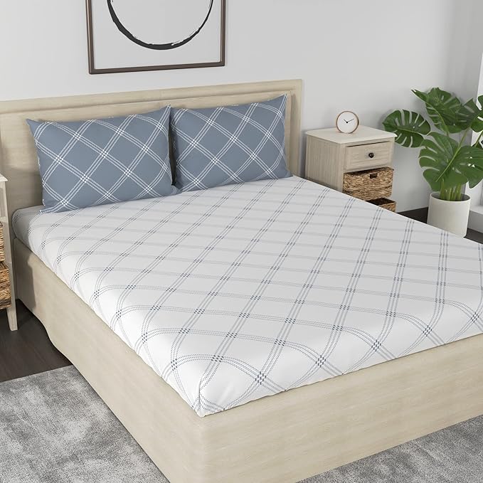 Huesland by Ahmedabad Cotton 186 TC King Size Bedsheet Cotton with 2 Pillow Covers | White & Grey