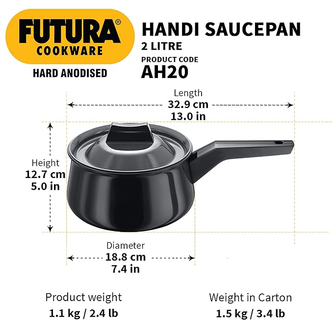 Hawkins Futura Hard Anodised Handi (Saucepan) 2 L, 18 cm, 4.06 mm with single handle