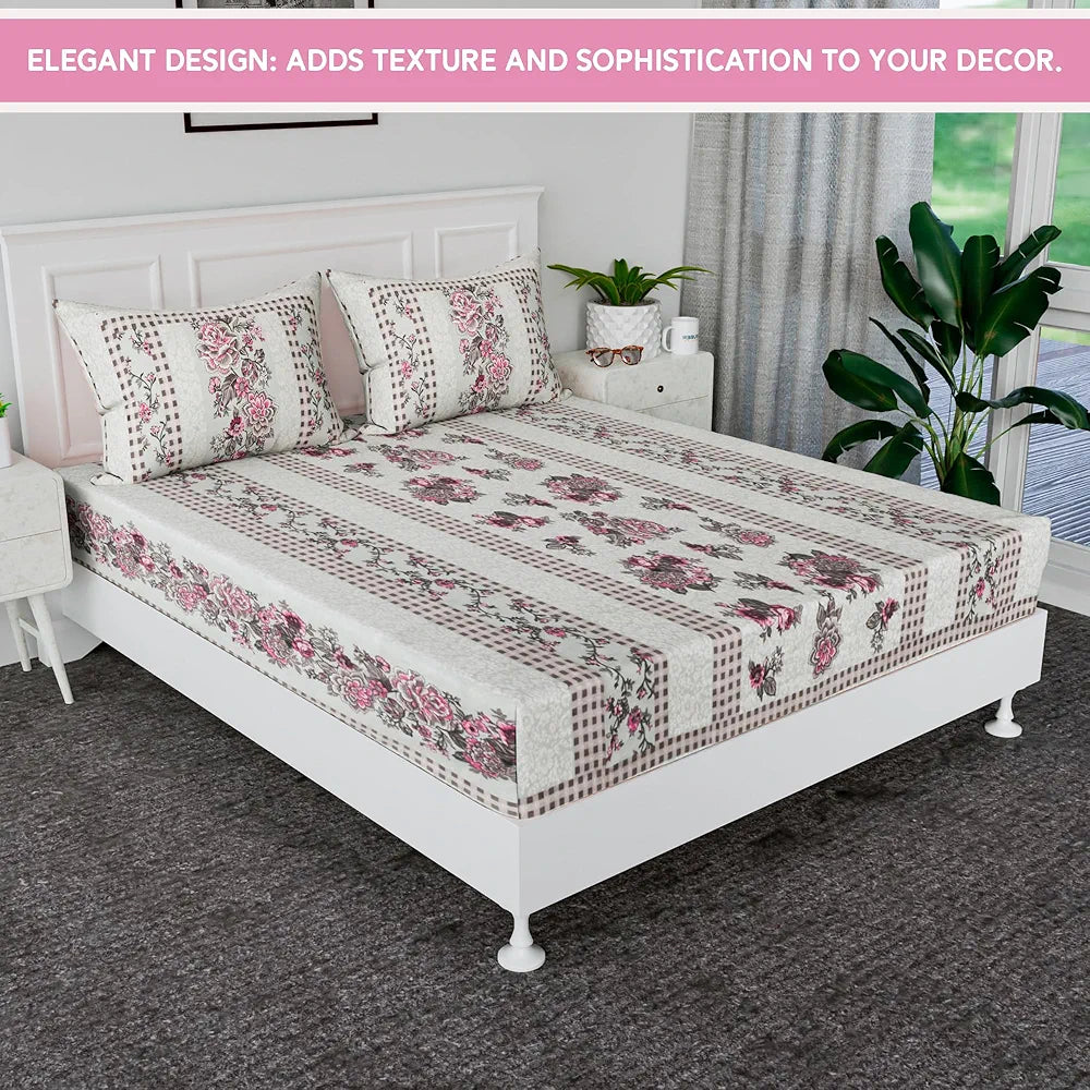 Kuber Industries Cotton Bedsheets for Double Bed with 2 Pillow Covers Spain Flower Lining Green