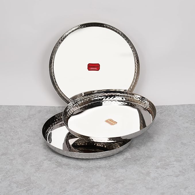 Sumeet Stainless Steel Handcrafted Hammered Texture Heavy Royal Dinner Plate set of 3 Pc 29.5cm