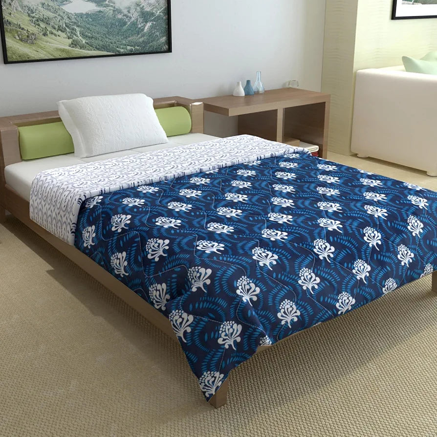 Divine Casa Microfibre Printed Reversible 120 GSM Single Bed Size Quilt Lightweight Comforter Blanket TC - 120 Colour Navy Blue and White
