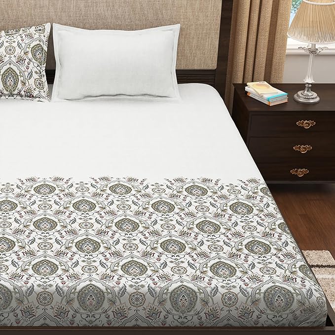 Story@Home Cotton Traditional Print King Size Bedsheet with 2 Pillow Covers Blue & Grey Colours