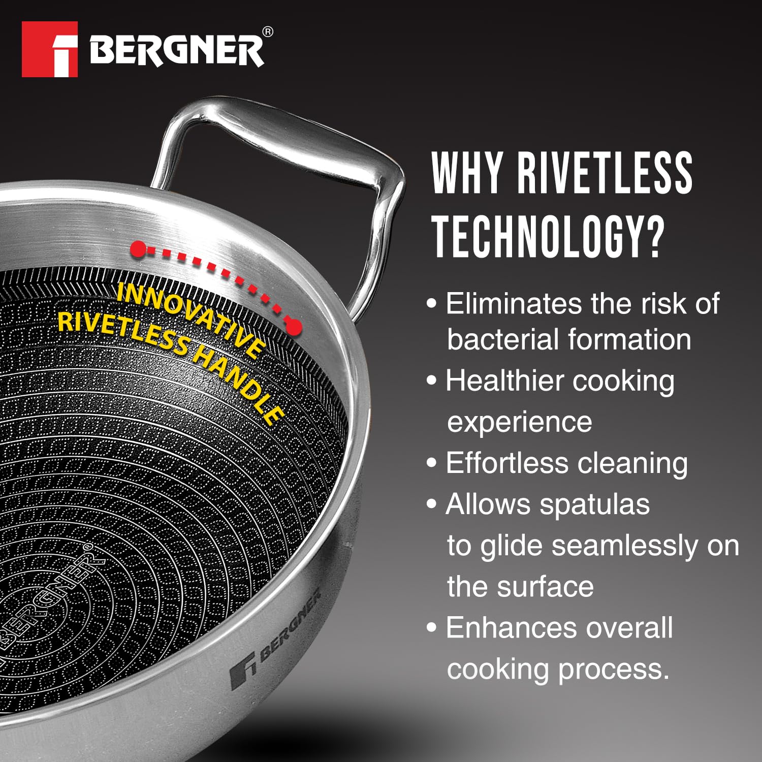 Bergner Hitech Triply Stainless Steel 26 Cm Kadai | Indian Wok With and Glass Lid