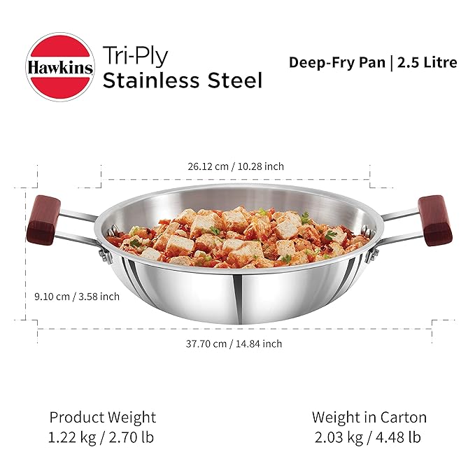 Hawkins 2.5 Litre Deep Fry Pan Triply Stainless Steel Kadai