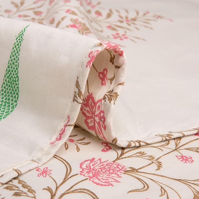 Huesland 100% Cotton Reversible Dohar Single Bed Cotton | Soft Cambric Weave, All Weather Light Ac Blanket Botanical Fusion - Ivory, Brown & Pink