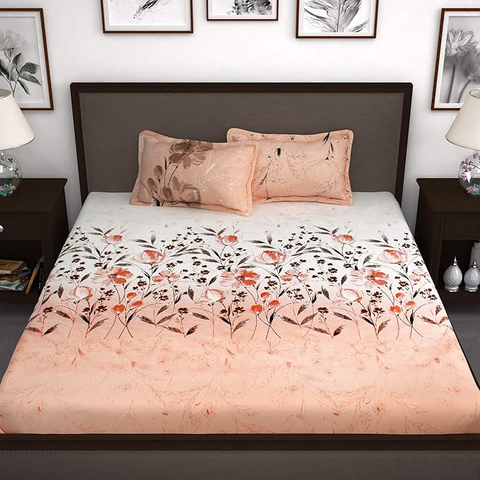 Story@Home Bedsheet Cotton Floral Pattern 1 Bedsheet King Size Bed 2 Pillow Covers White & Peach Colour
