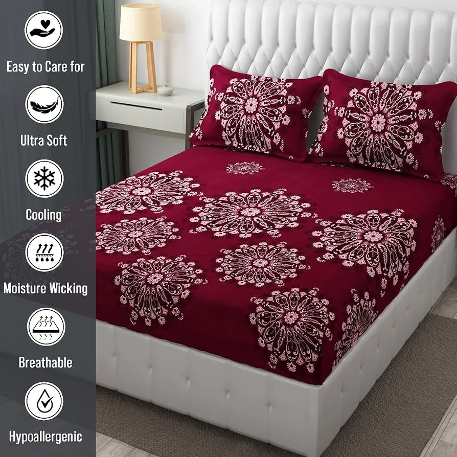 Fresh From Loom Floral King Size Microfiber Bedsheet Set Printed Hypoallergenic Wrinkle Free with 2 Pillow Covers 144 TC Wine