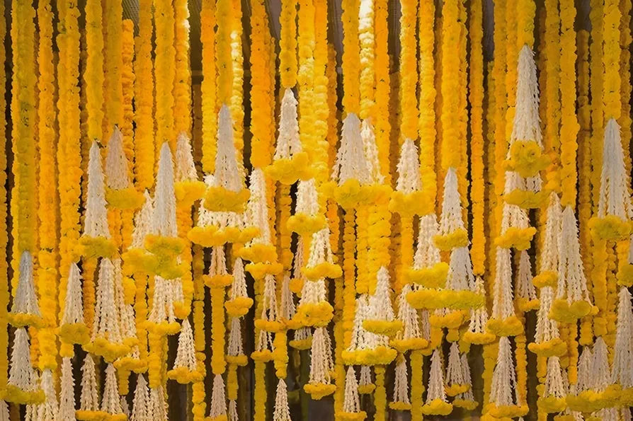 Handmade Artificial Marigold Flower Garland Long Flower Garlands Toran Genda Phool with Bells and Rajnignadha